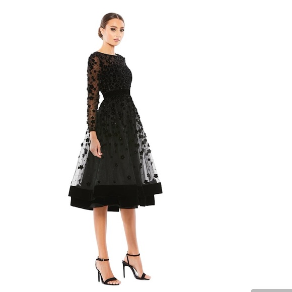 Mac Duggal Embellished Illusion High Neck Long Sleeve Fit & Flare Midi Dress ๐ - Picture 3 of 4